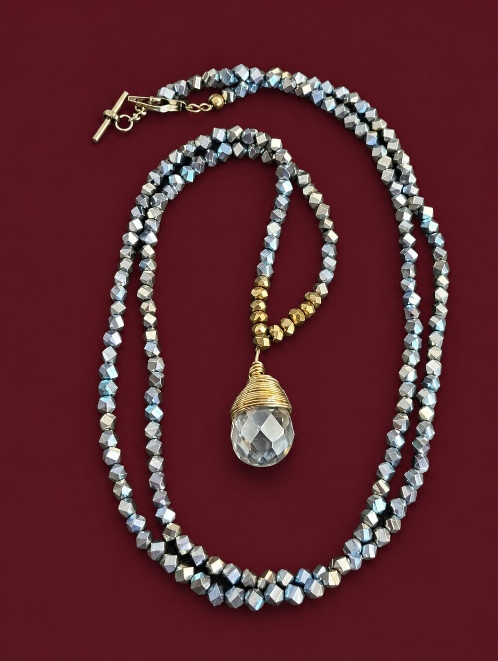 HANDMADE Gunmetal Crystal Disco Beaded Prism Pendant Necklace